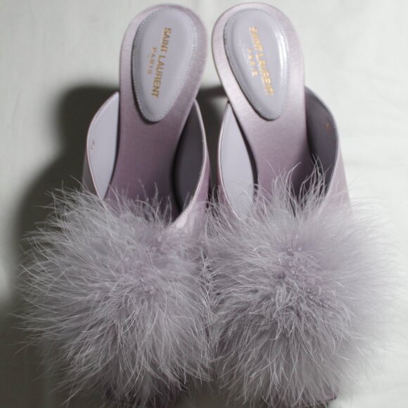 NWB Saint Laurent Paris Feather Pom Pom Kitten Heels Mules SlipOns Poly Grey 39 - Picture 3 of 9